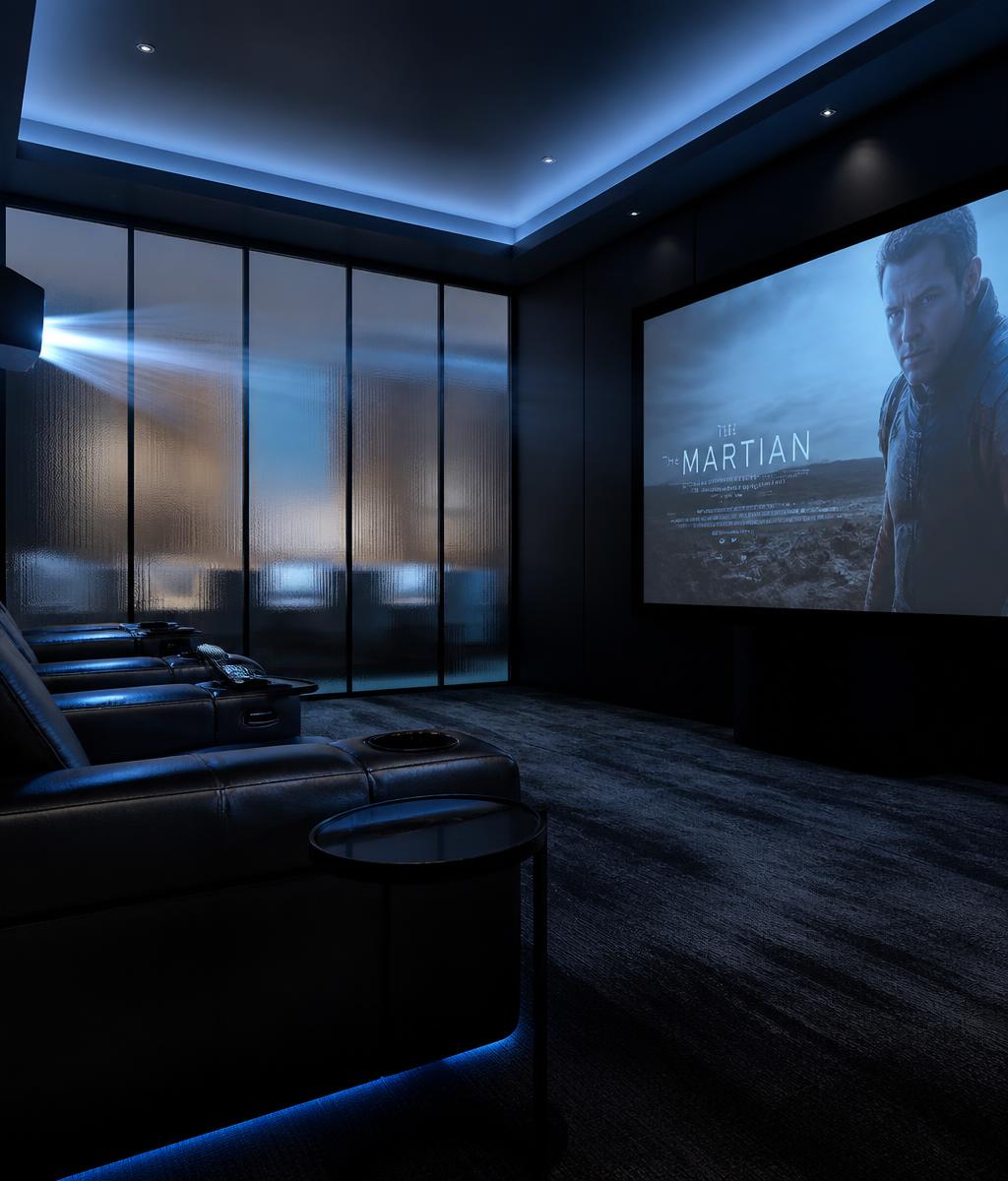 Luxury home cinema room with projector beam and frosted glass wall